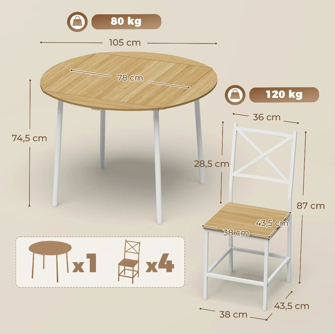 Mesa Abatible con 4 Sillas Apilables Roble y Blanco | MooM Decó