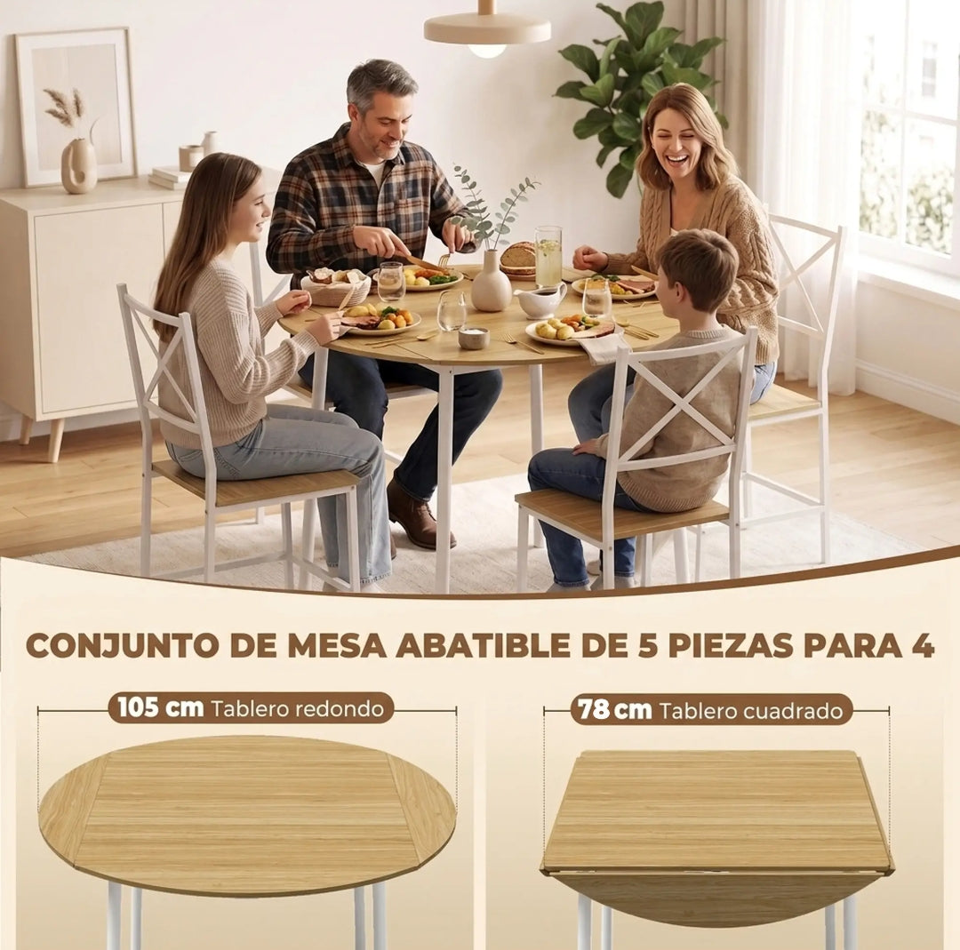 Mesa Abatible con 4 Sillas Apilables Roble y Blanco | MooM Decó