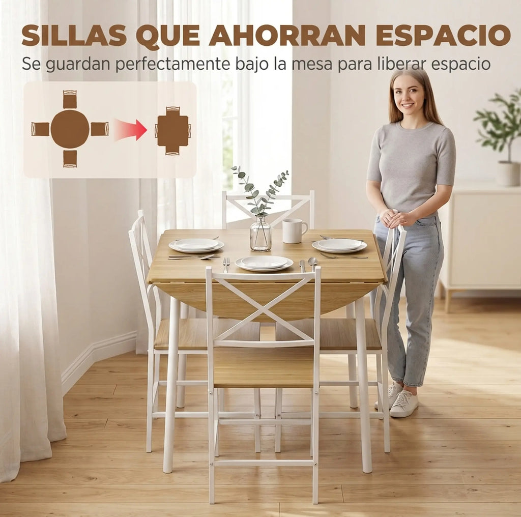 Mesa Abatible con 4 Sillas Apilables Roble y Blanco | MooM Decó