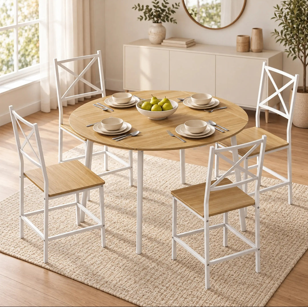 Mesa Abatible con 4 Sillas Apilables Roble y Blanco | MooM Decó
