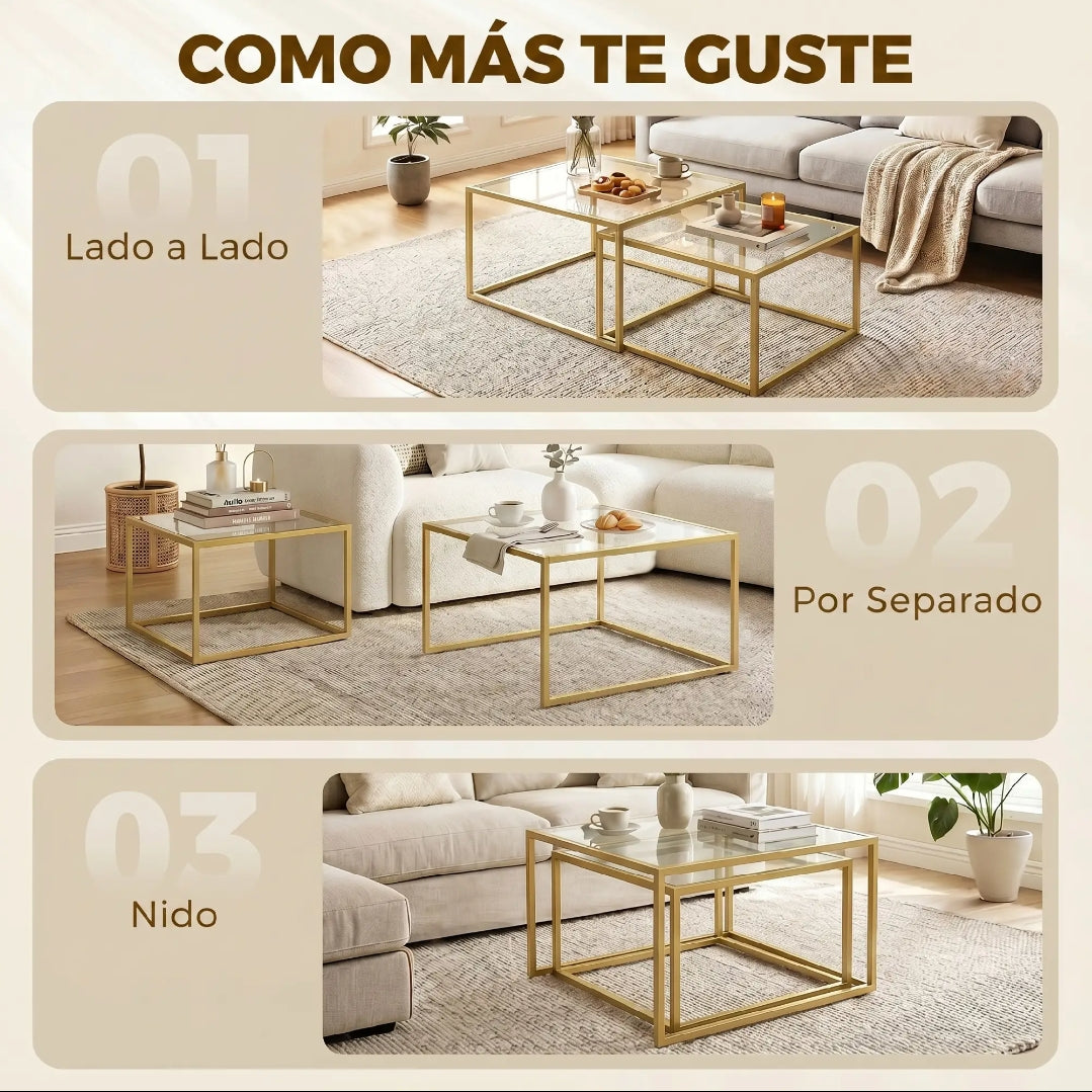 Set 2 Mesas Nido de Cristal y Metal Dorado | MooM Decó