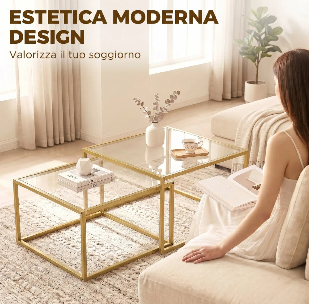 Set 2 Mesas Nido de Cristal y Metal Dorado | MooM Decó