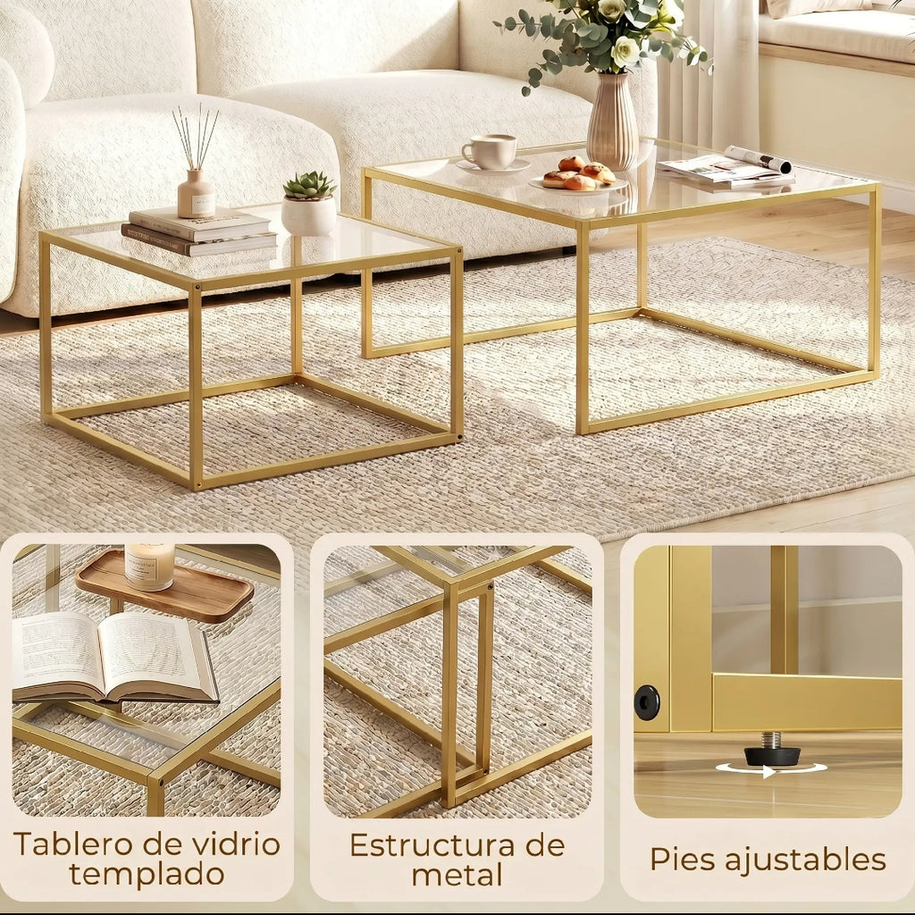 Set 2 Mesas Nido de Cristal y Metal Dorado | MooM Decó
