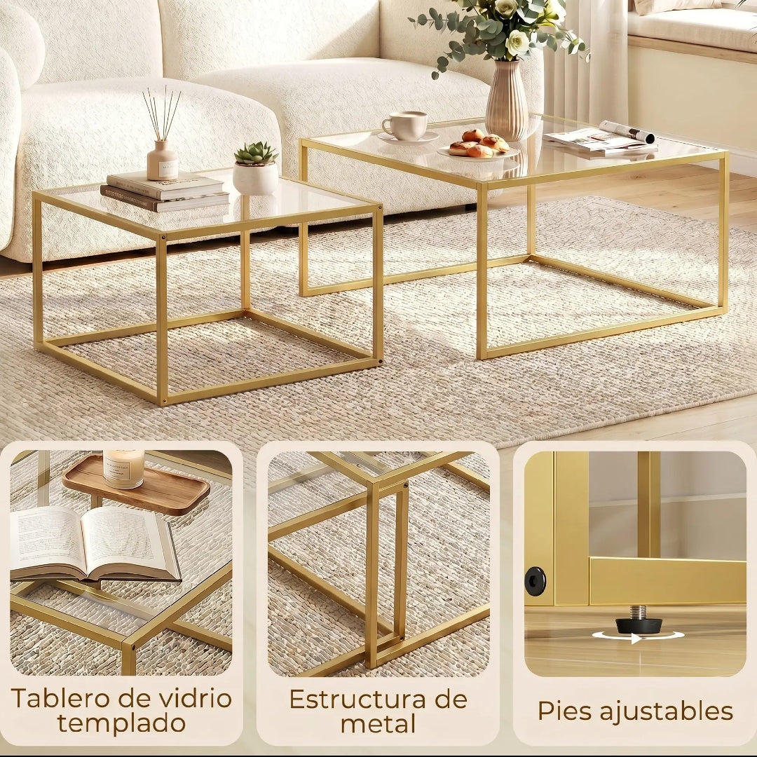 Set 2 Mesas Nido de Cristal y Metal Dorado | MooM Decó