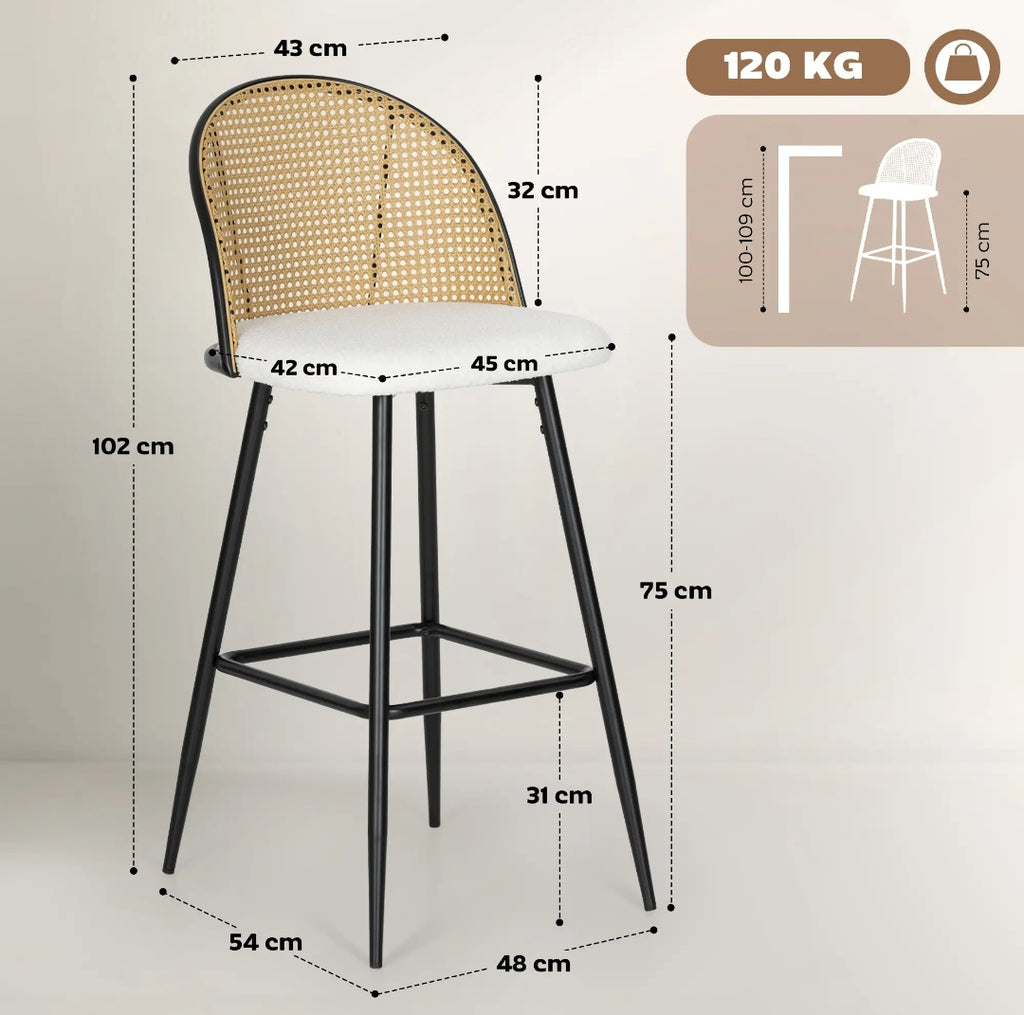 Pack 2 Taburetes Altos Ratán y Bouclé Crema | MooM Decó
