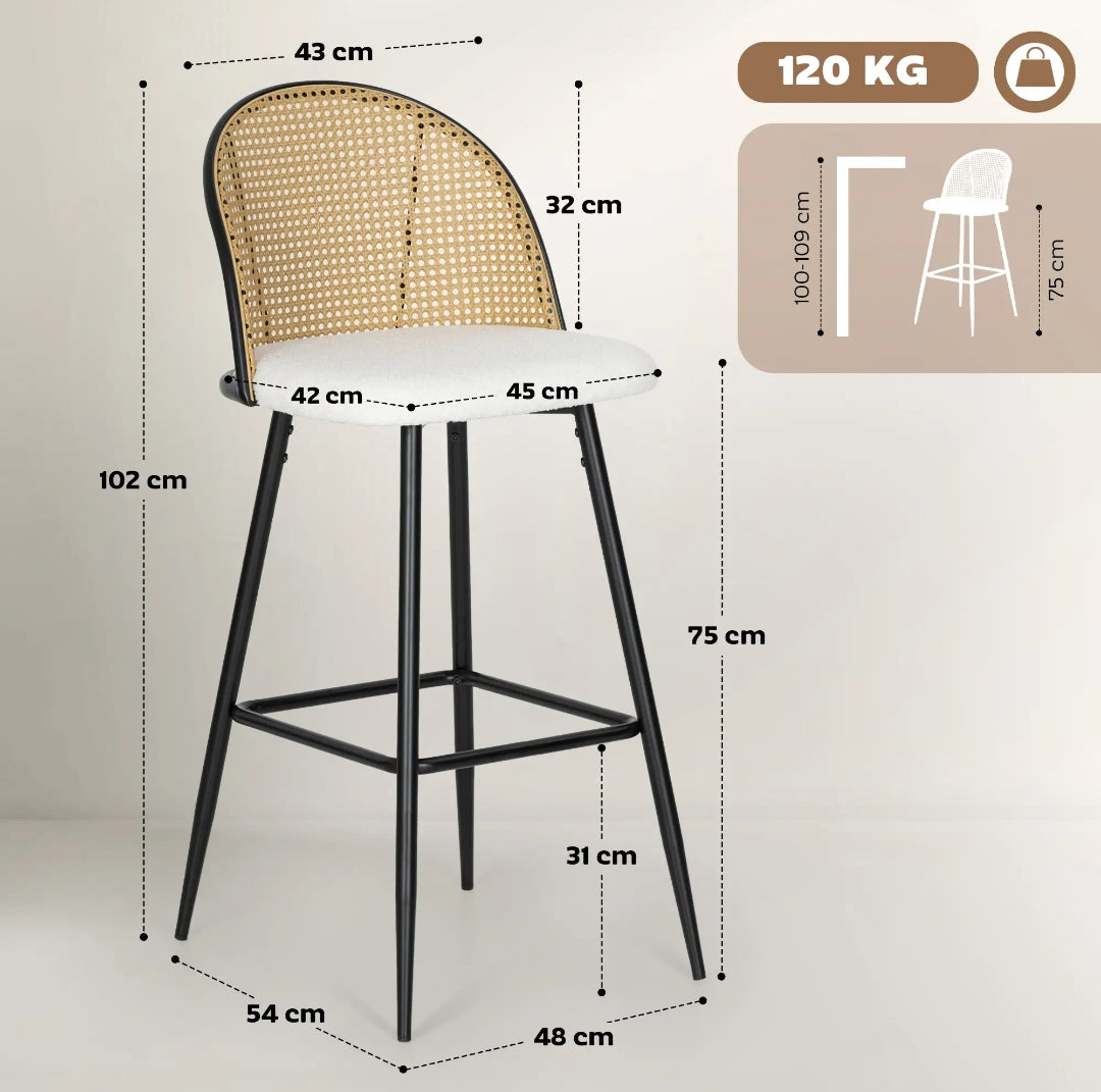 Pack 2 Taburetes Altos Ratán y Bouclé Crema | MooM Decó