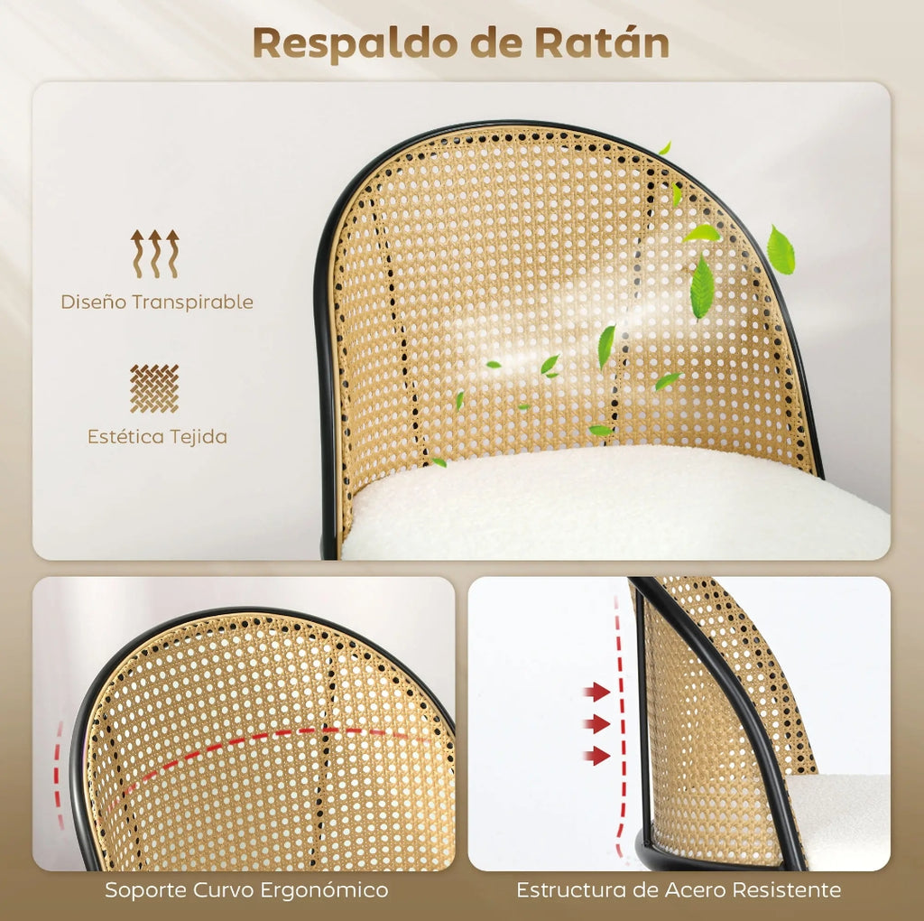 Pack 2 Taburetes Altos Ratán y Bouclé Crema | MooM Decó