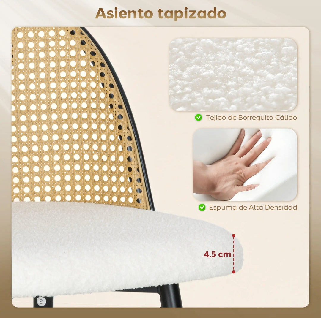 Pack 2 Taburetes Altos Ratán y Bouclé Crema | MooM Decó