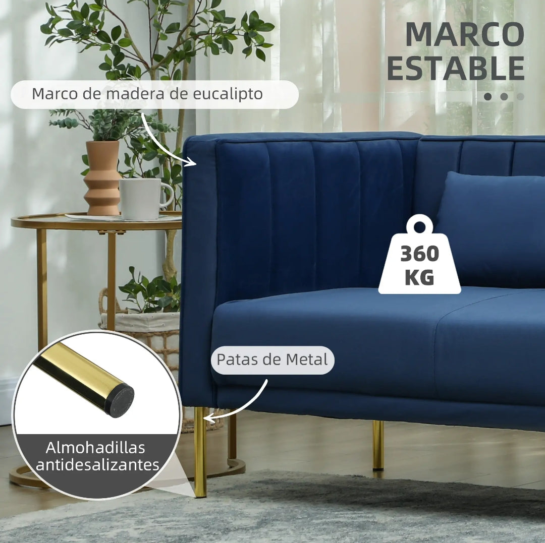 Sofá de 3 Plazas Terciopelo Azul Marino con Patas Doradas | MooM Decó