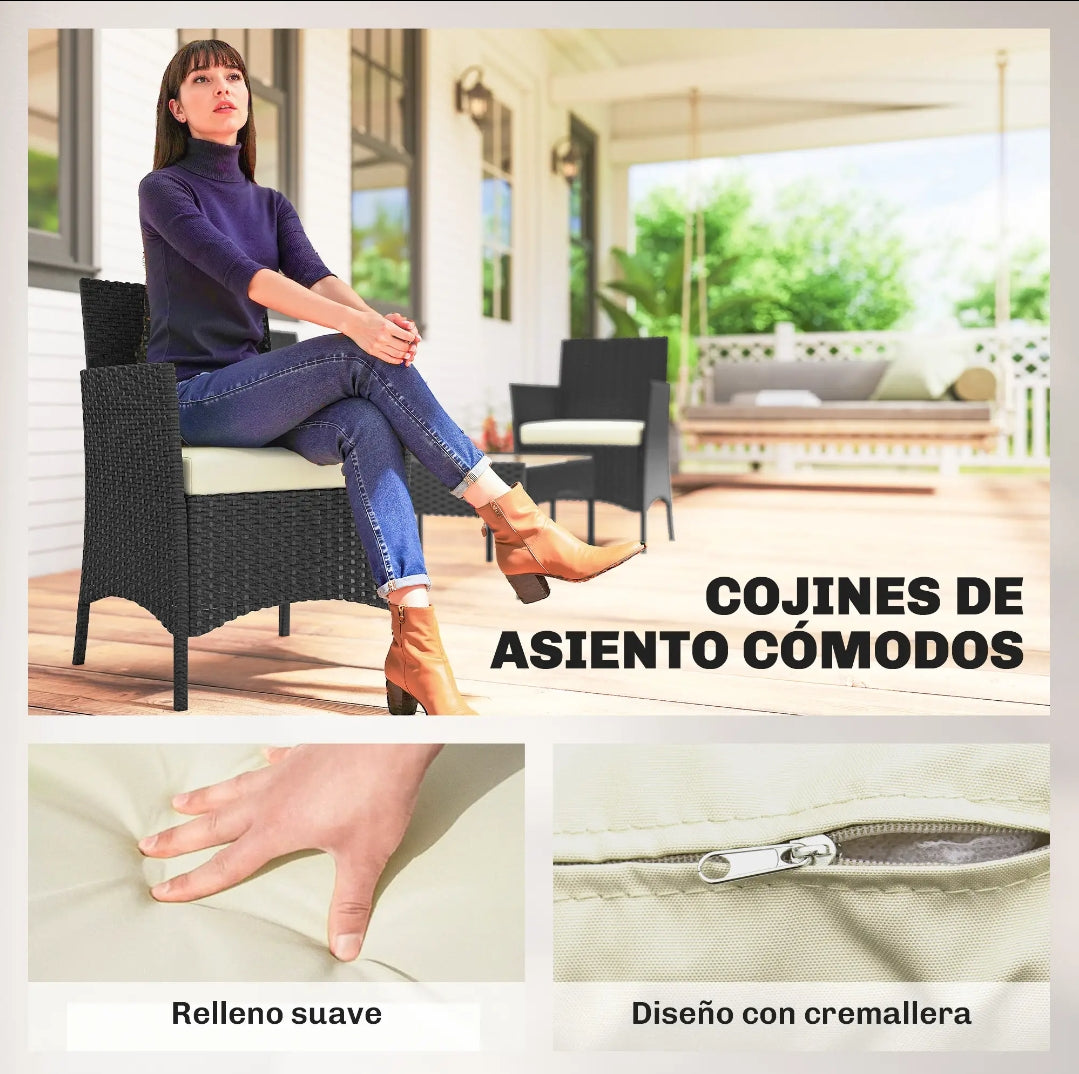 Conjunto de Jardín de Ratán Sintético 4 Piezas con Sofá, Sillones y Mesa de Cristal