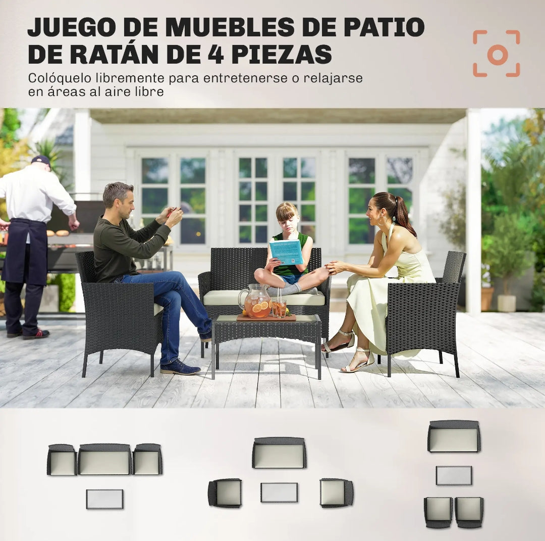 Conjunto de Jardín de Ratán Sintético 4 Piezas con Sofá, Sillones y Mesa de Cristal