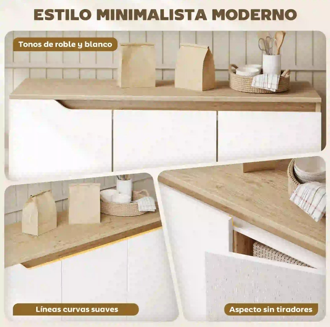 Aparador Nórdico Blanco y Roble con 3 Puertas y Estantes Ajustables para Salón y Comedor