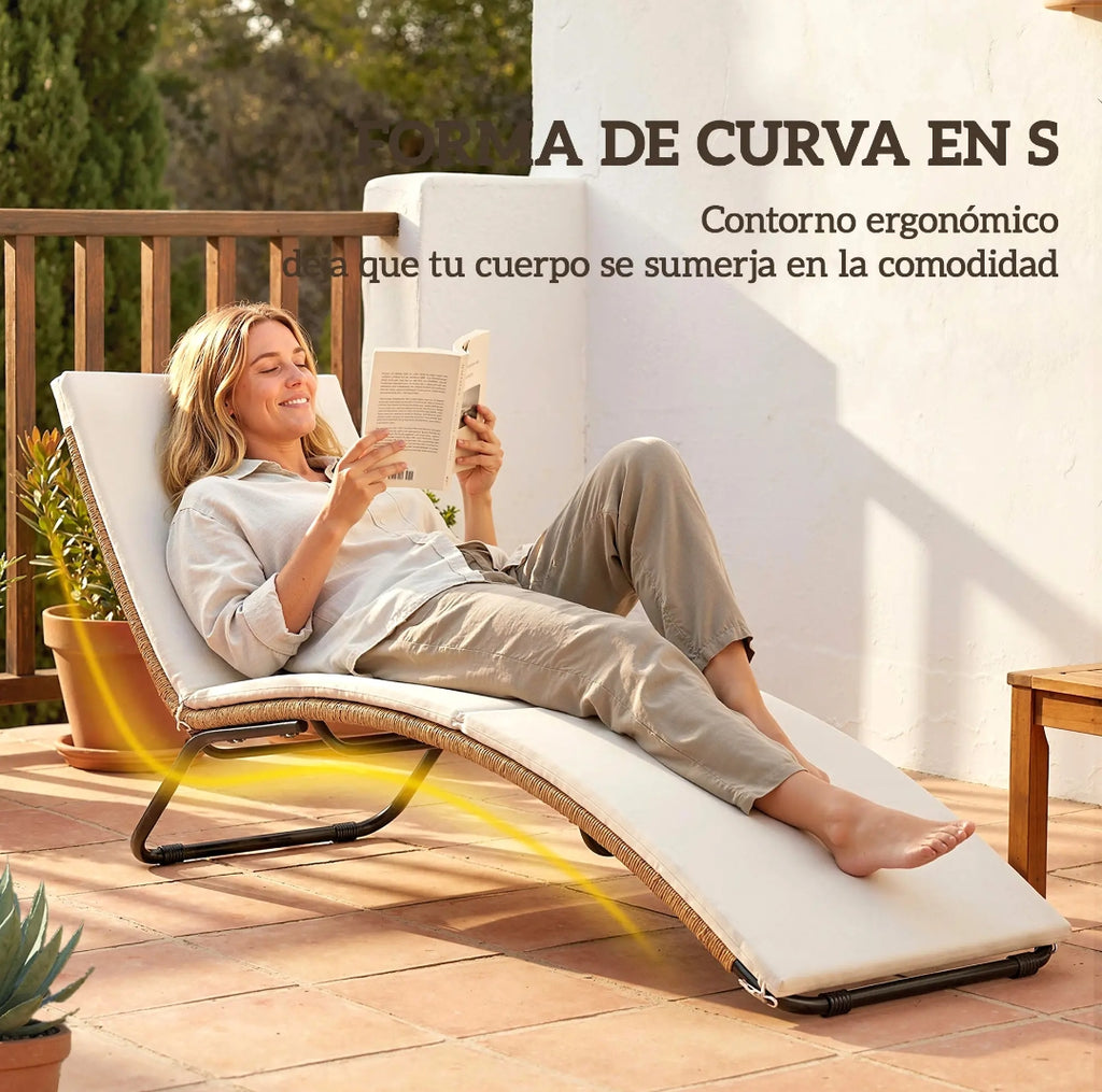 Tumbona de Jardín Ergonómica de Ratán PE con Cojín Largo y Diseño en S para Terraza y Piscina