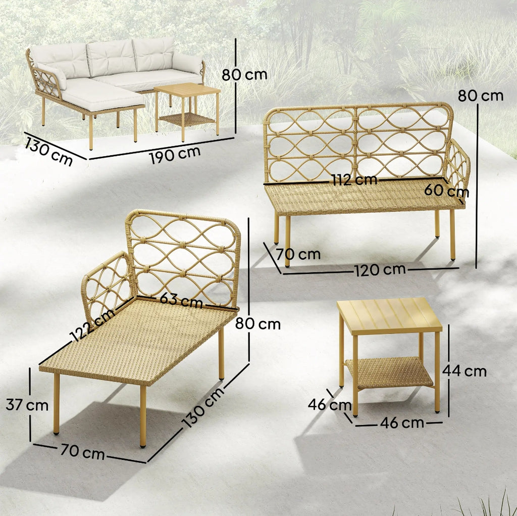 Conjunto de Jardín de Ratán 3 Piezas con Chaise Longue, Sofá 2 Plazas y Mesa de Centro con Cojines