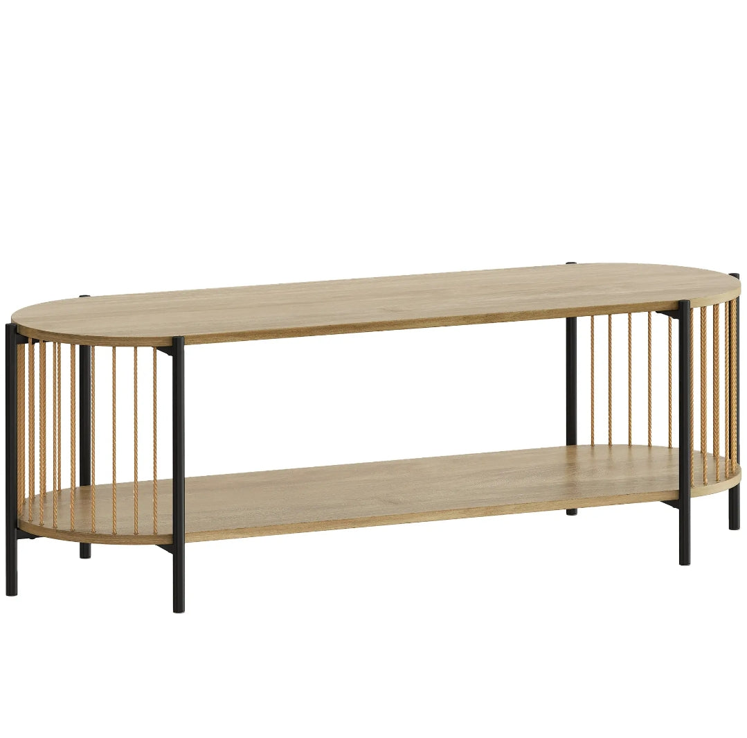 Mueble TV Boho con Estantes Abiertos y Detalles Trenzados para Televisores hasta 55 Pulgadas