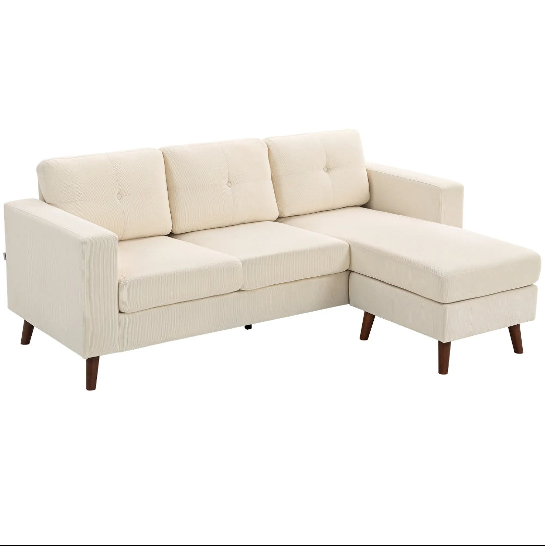 Sofá Chaise Longue Reversible de 3 Plazas en Pana Crema 192 cm | MooM Decó