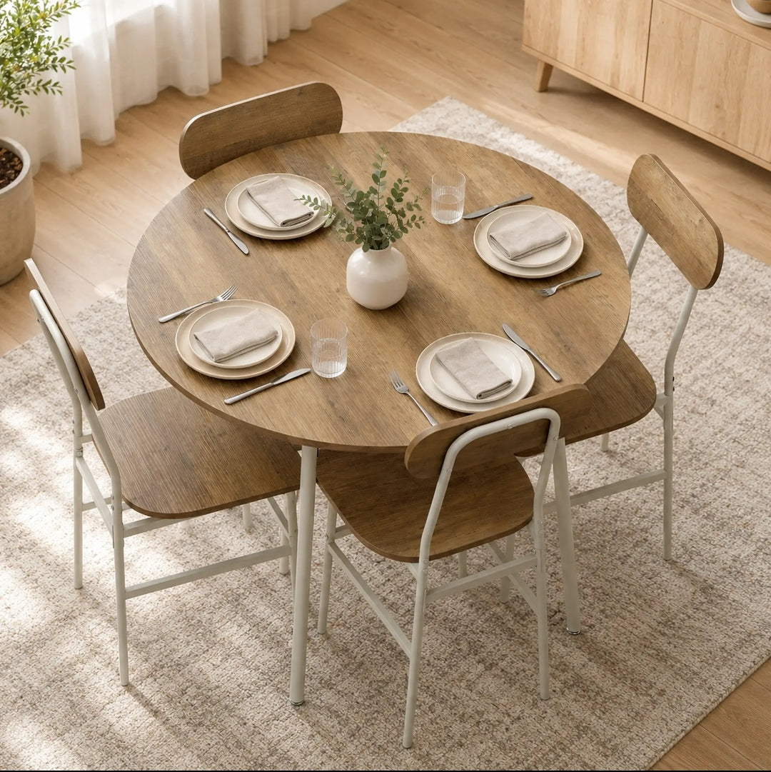 Mesa Redonda con 4 Sillas Ø100 cm Natural y Blanco | MooM Decó
