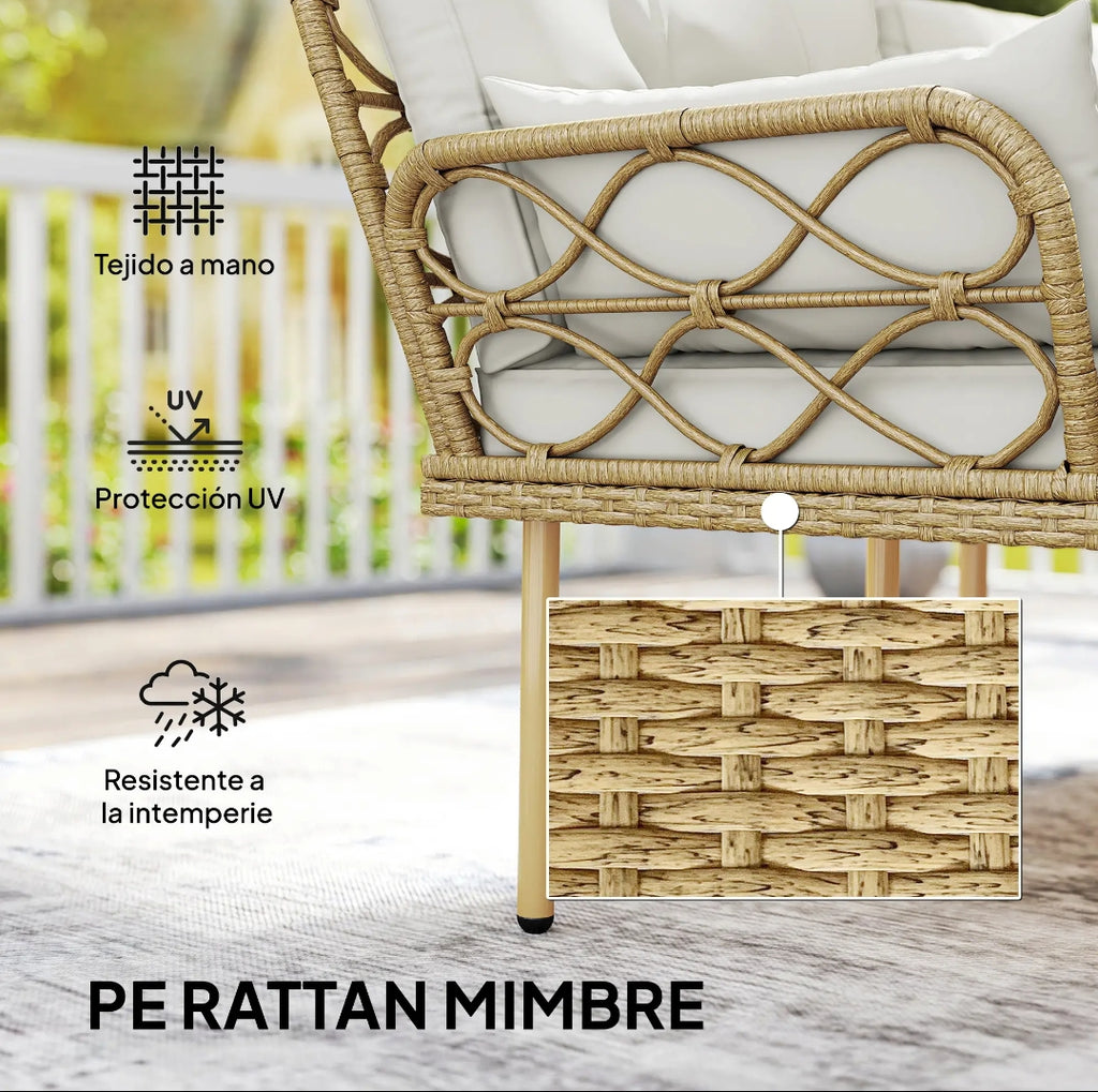 Conjunto de Jardín de Ratán 3 Piezas con Chaise Longue, Sofá 2 Plazas y Mesa de Centro con Cojines