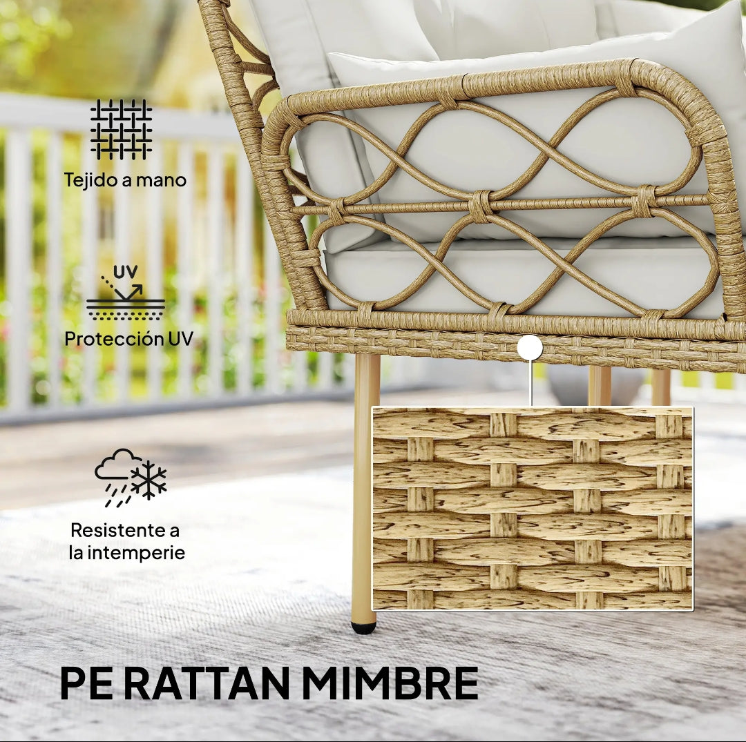 Conjunto de Jardín de Ratán 3 Piezas con Chaise Longue, Sofá 2 Plazas y Mesa de Centro con Cojines