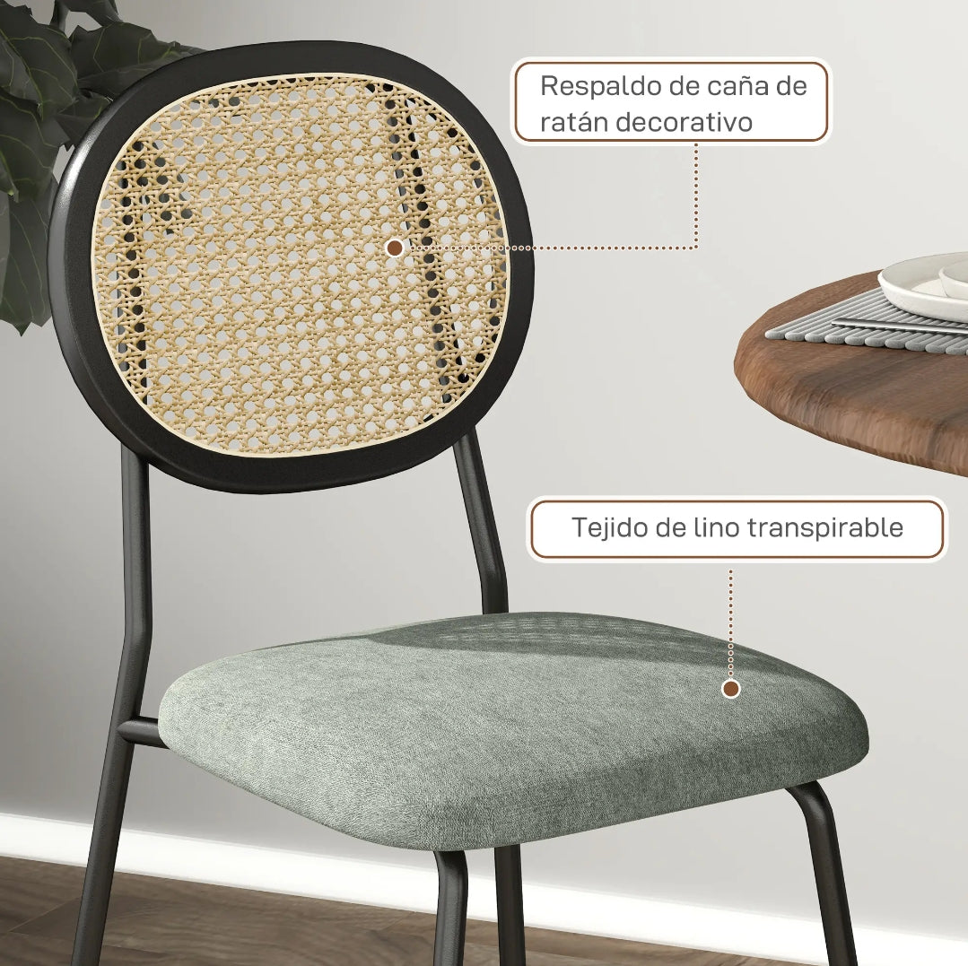 Pack 2 Sillas de Comedor Ratán y Verde Estilo Boho | MooM Decó