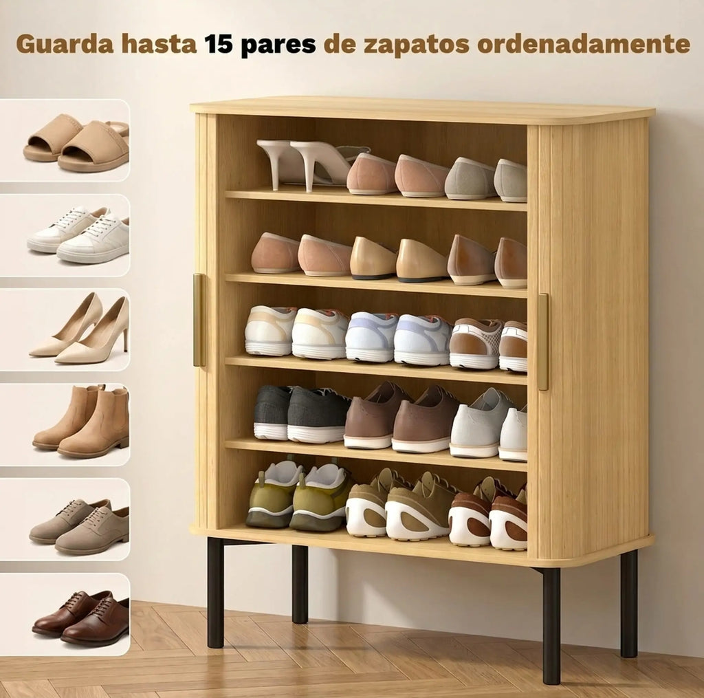 Zapatero Roble con Puertas Correderas para 15 Pares | MooM Decó