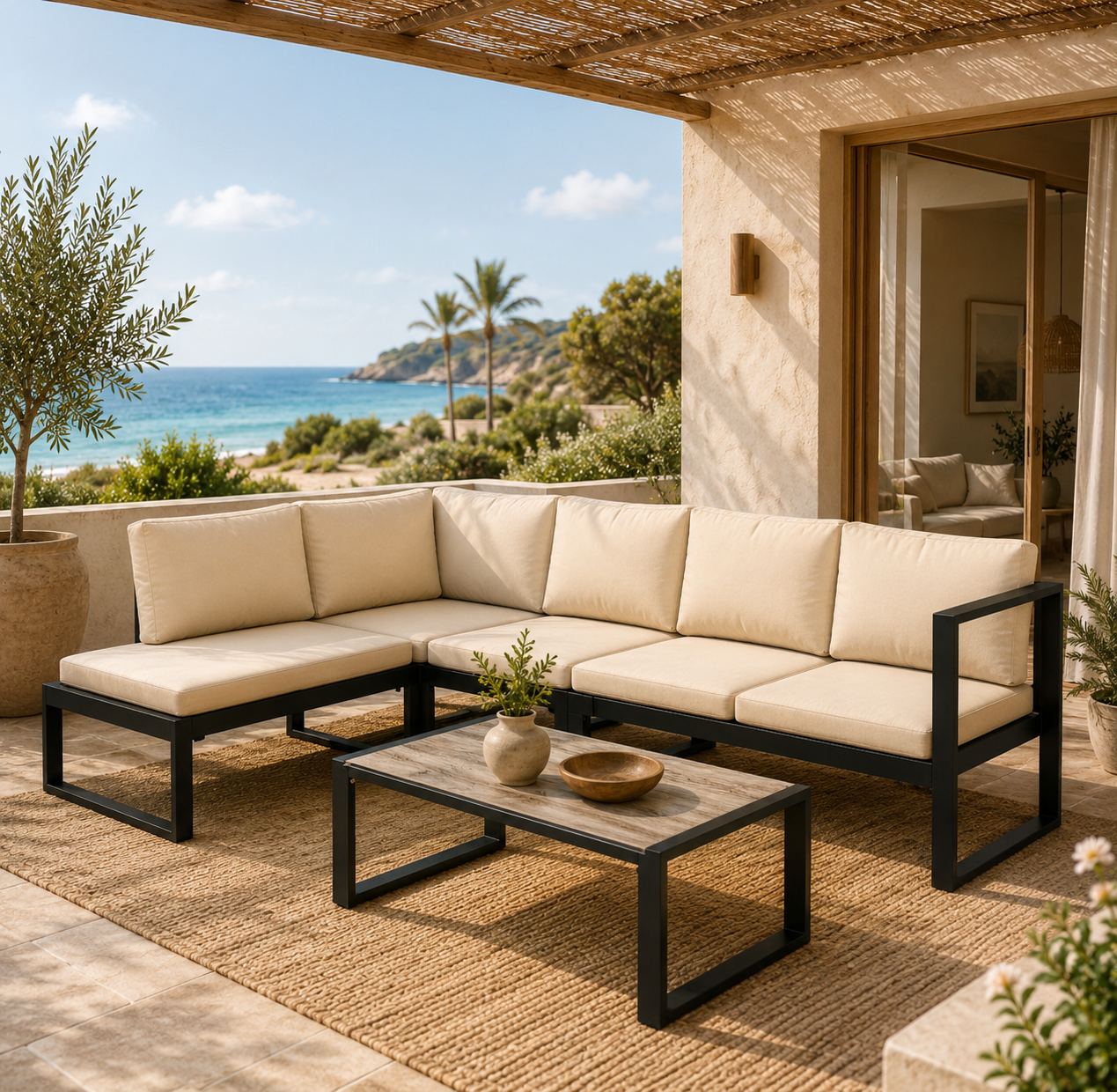 Conjunto de Jardín Modular 4 Piezas con Sofás, Mesa de Centro y Cojines para Terraza Exterior