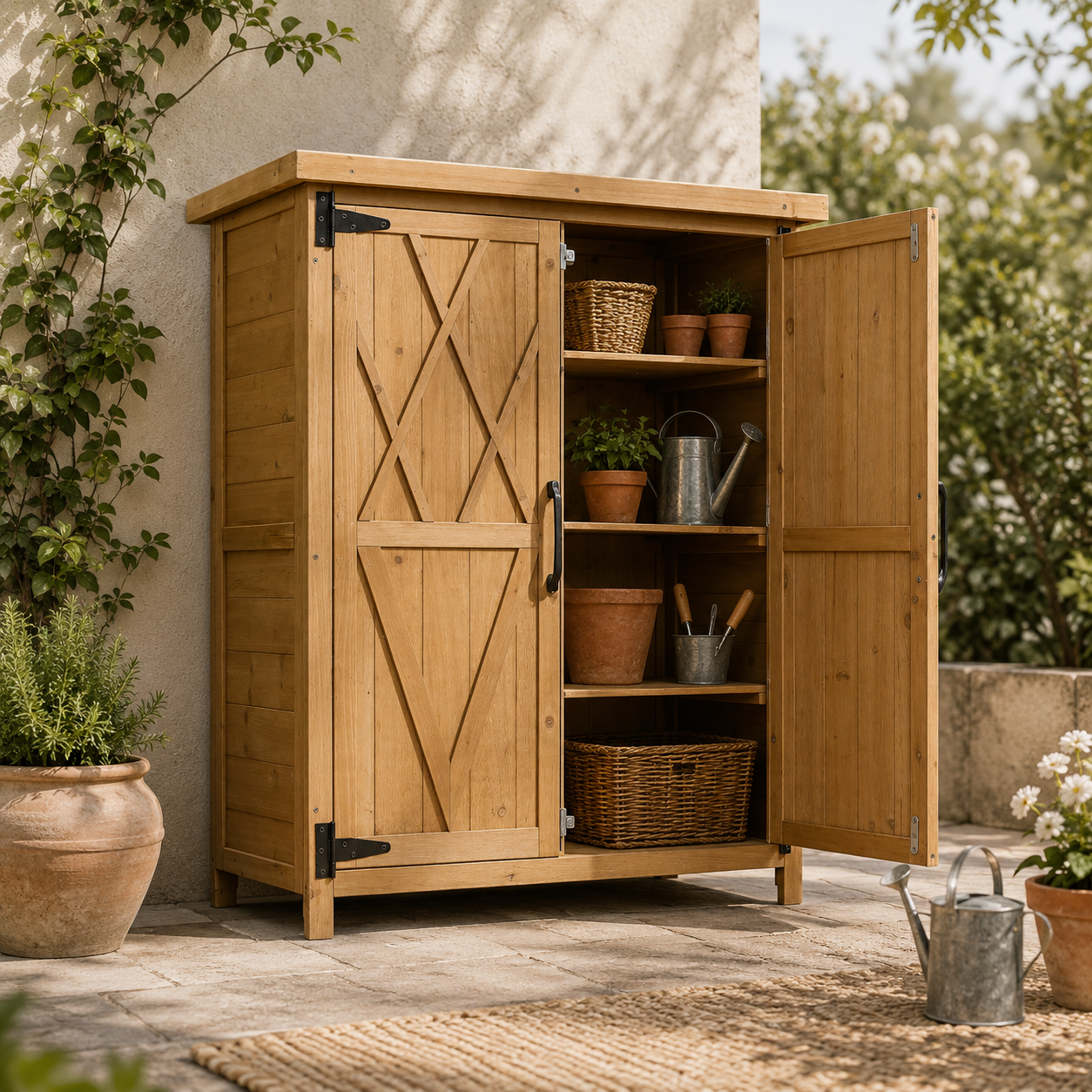 Armario de Exterior de Madera con 4 Estantes y Techo Galvanizado para Jardín y Terraza 75x40x90 cm
