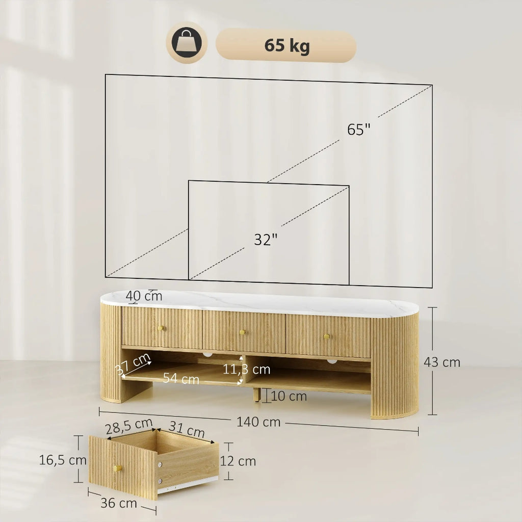 Mueble TV Moderno con Efecto Mármol Blanco, 3 Cajones y Estantes para Televisores hasta 65 Pulgadas