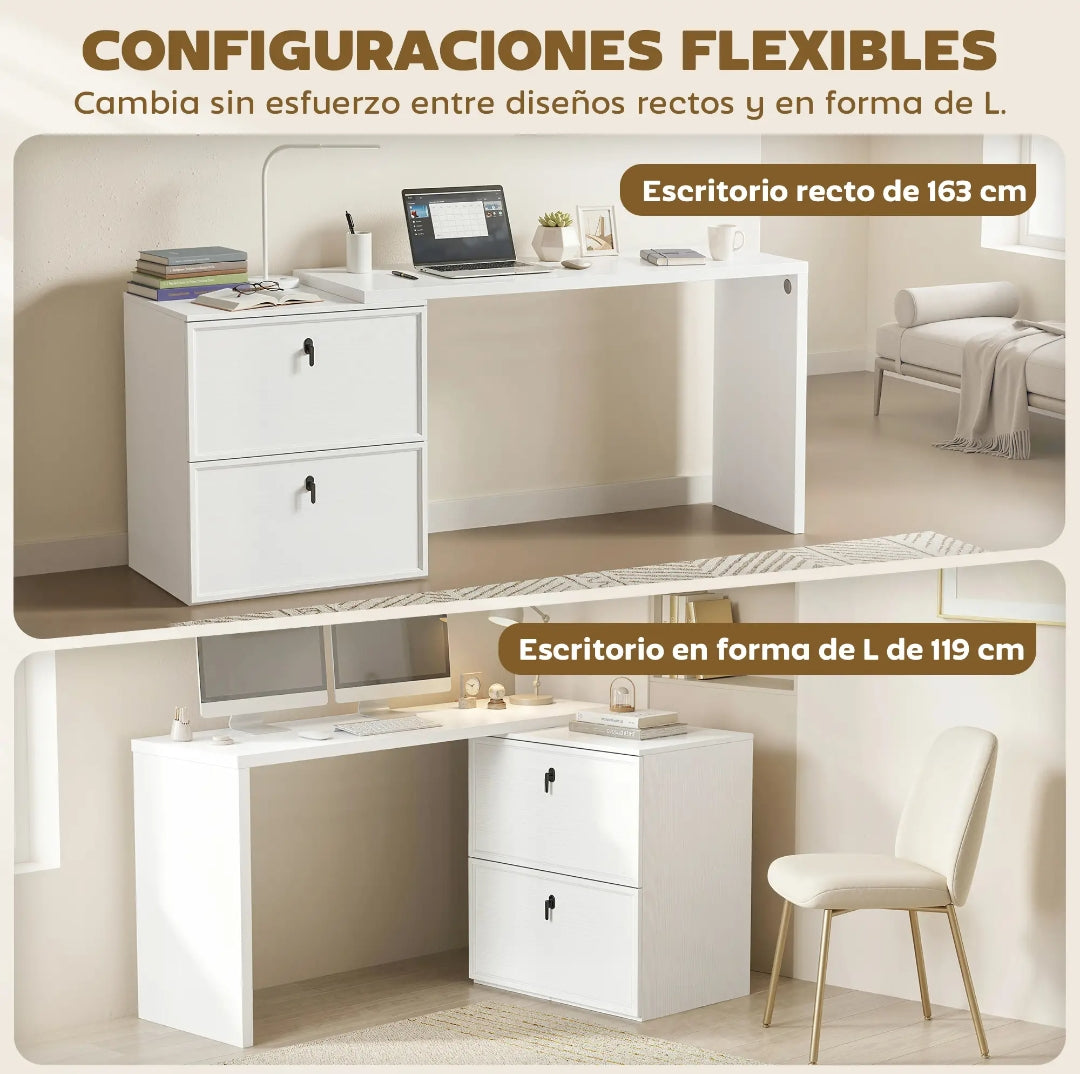 Escritorio Reversible en L con 2 Cajones Archivadores Blanco | MooM Decó