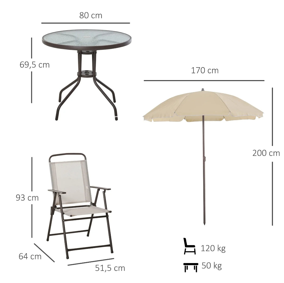 Conjunto de Jardín Plegable con 4 Sillas, Mesa de Cristal Templado y Sombrilla para Terraza y Exterior