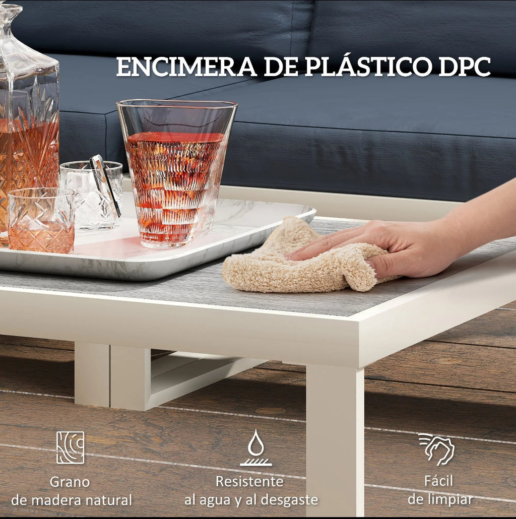 Conjunto de Jardín Modular 5 Plazas con Tumbona Reclinable, Sofás y Mesa de Centro Efecto Madera