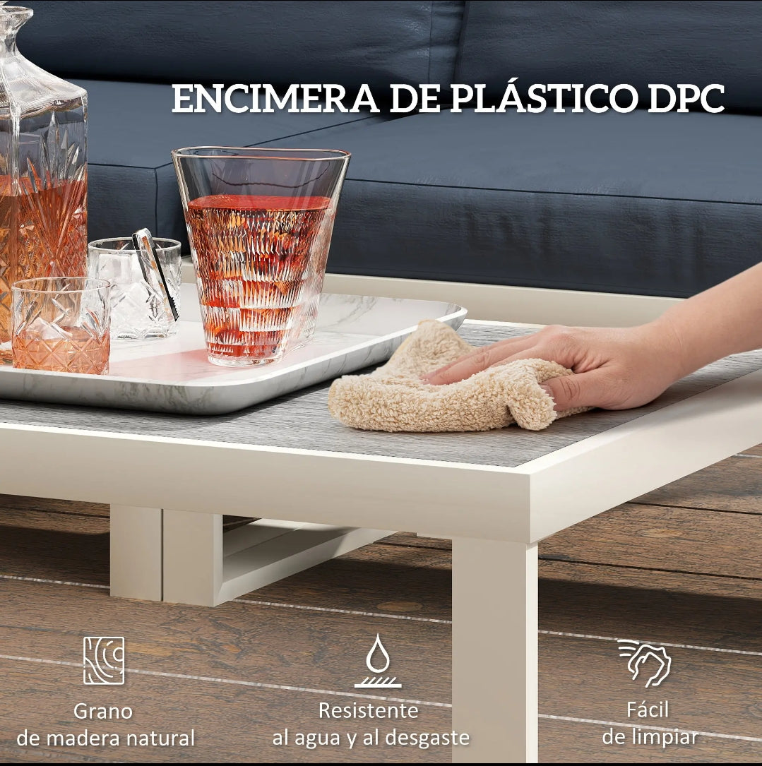 Conjunto de Jardín Modular 5 Plazas con Tumbona Reclinable, Sofás y Mesa de Centro Efecto Madera