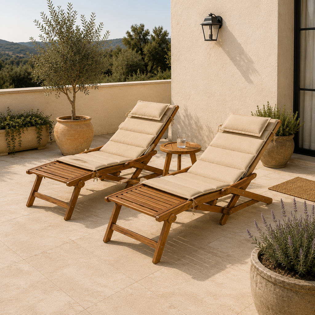 Tumbona Plegable de Madera de Acacia con Reposapiés Desmontable y Cojín Acolchado