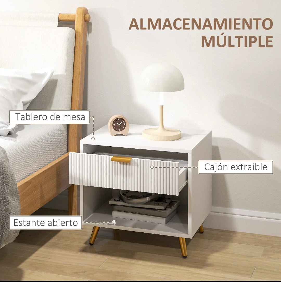 Mesita de Noche Blanca Acanalada con Cajón 50 cm | MooM Decó