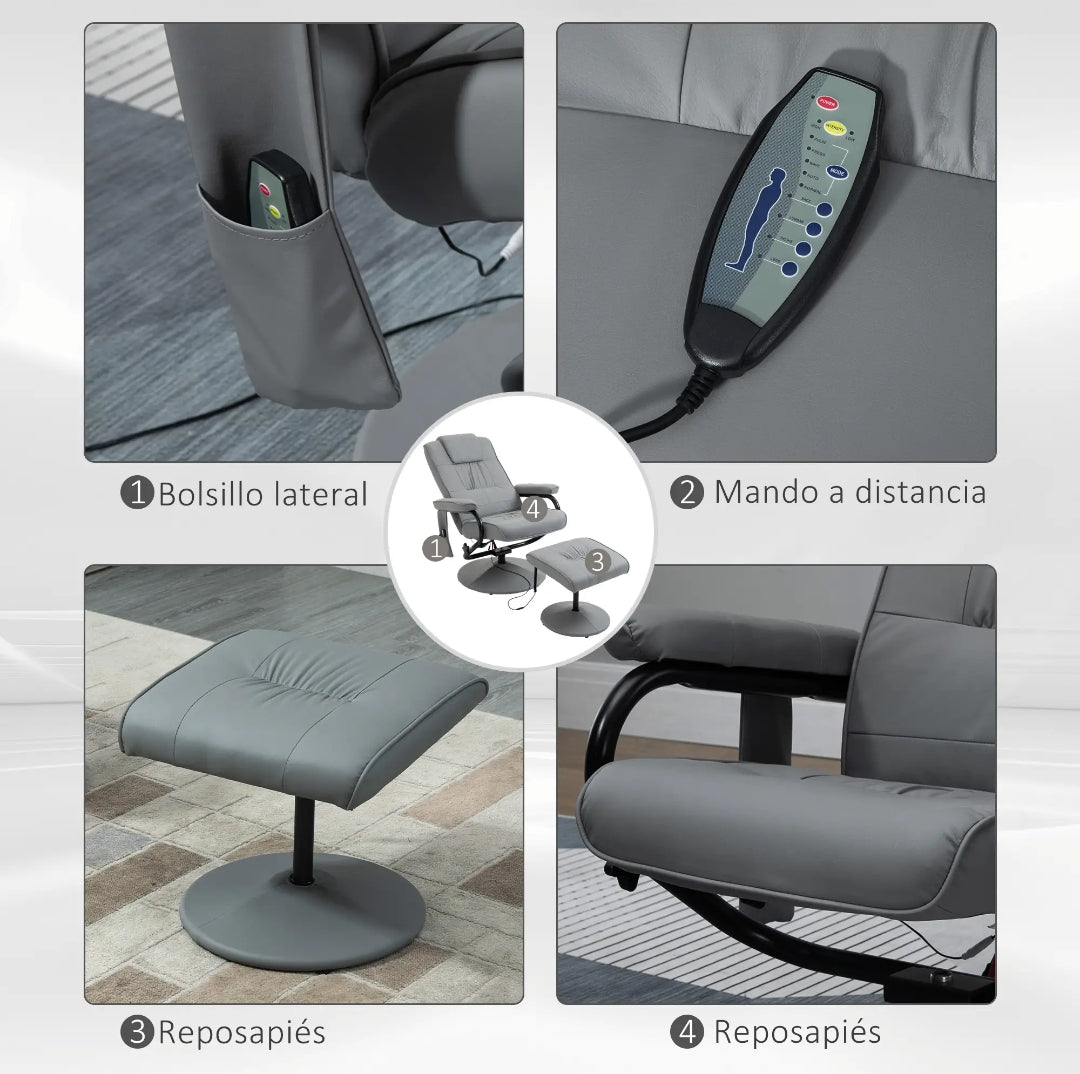 Sillón Relax de Masaje Reclinable Giratorio 360° con Reposapiés Gris | MooM Decó
