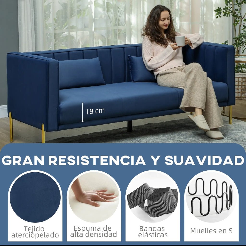 Sofá de 3 Plazas Terciopelo Azul Marino con Patas Doradas | MooM Decó