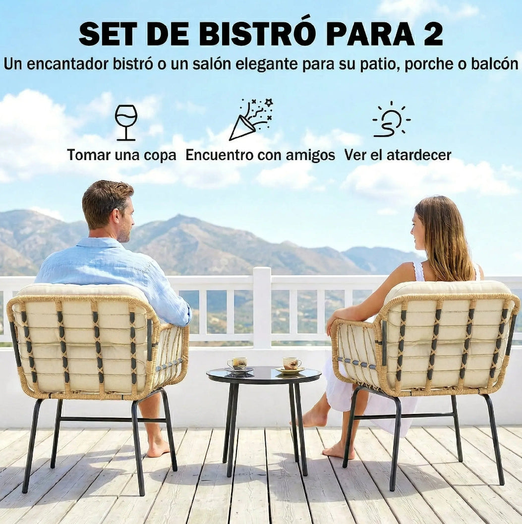 Conjunto de Jardín Ratán PE 3 Piezas con Mesa y 2 Sillones | MooM Decó