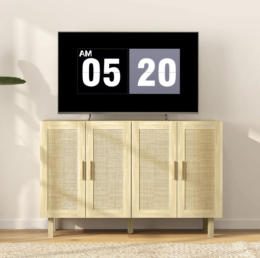 Aparador Cannage de 4 Puertas con Estantes Ajustables Estilo Boho Natural 120 cm