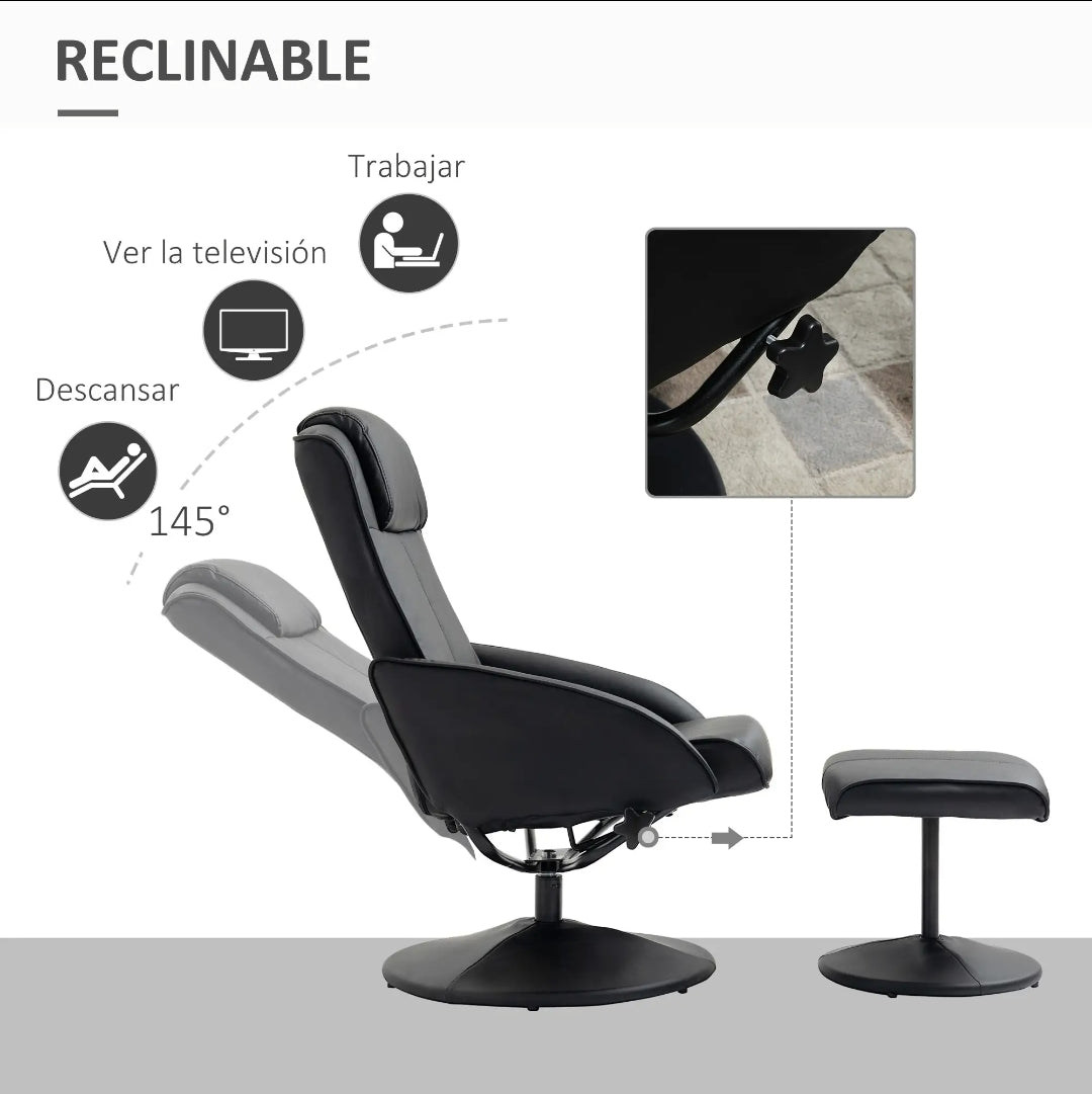 Sillón Relax Reclinable Giratorio 360° con Reposapiés Negro | MooM Decó
