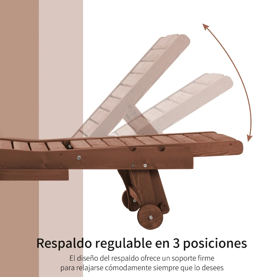 Tumbona de Madera con Ruedas y Bandeja Extraíble para Jardín, Terraza y Piscina