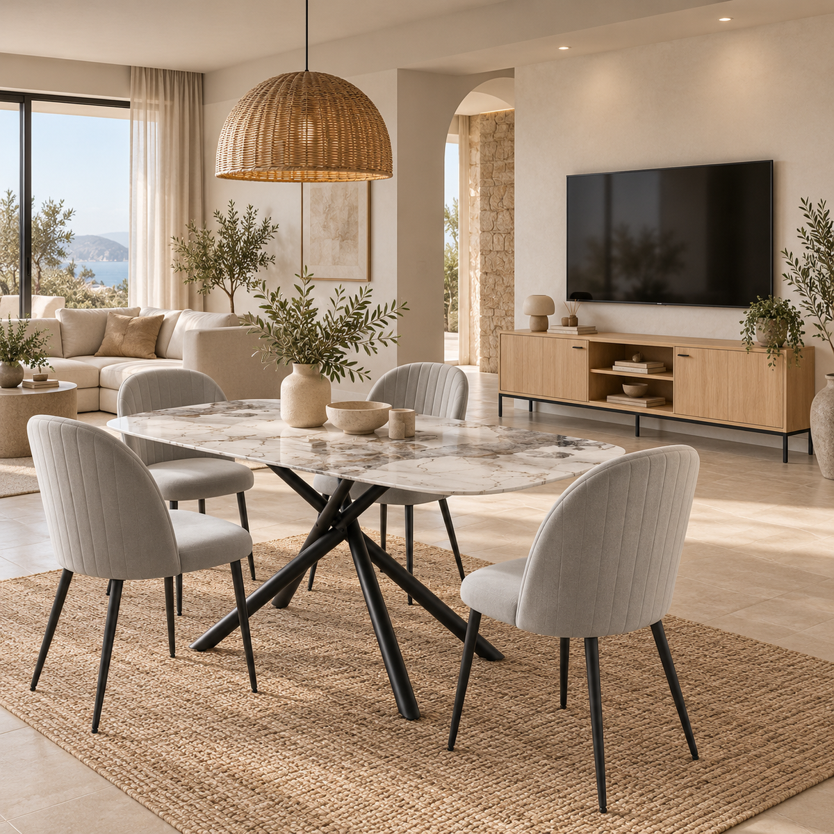 Mesa de Comedor Efecto Mármol 160 cm Cristal Templado | MooM Decó