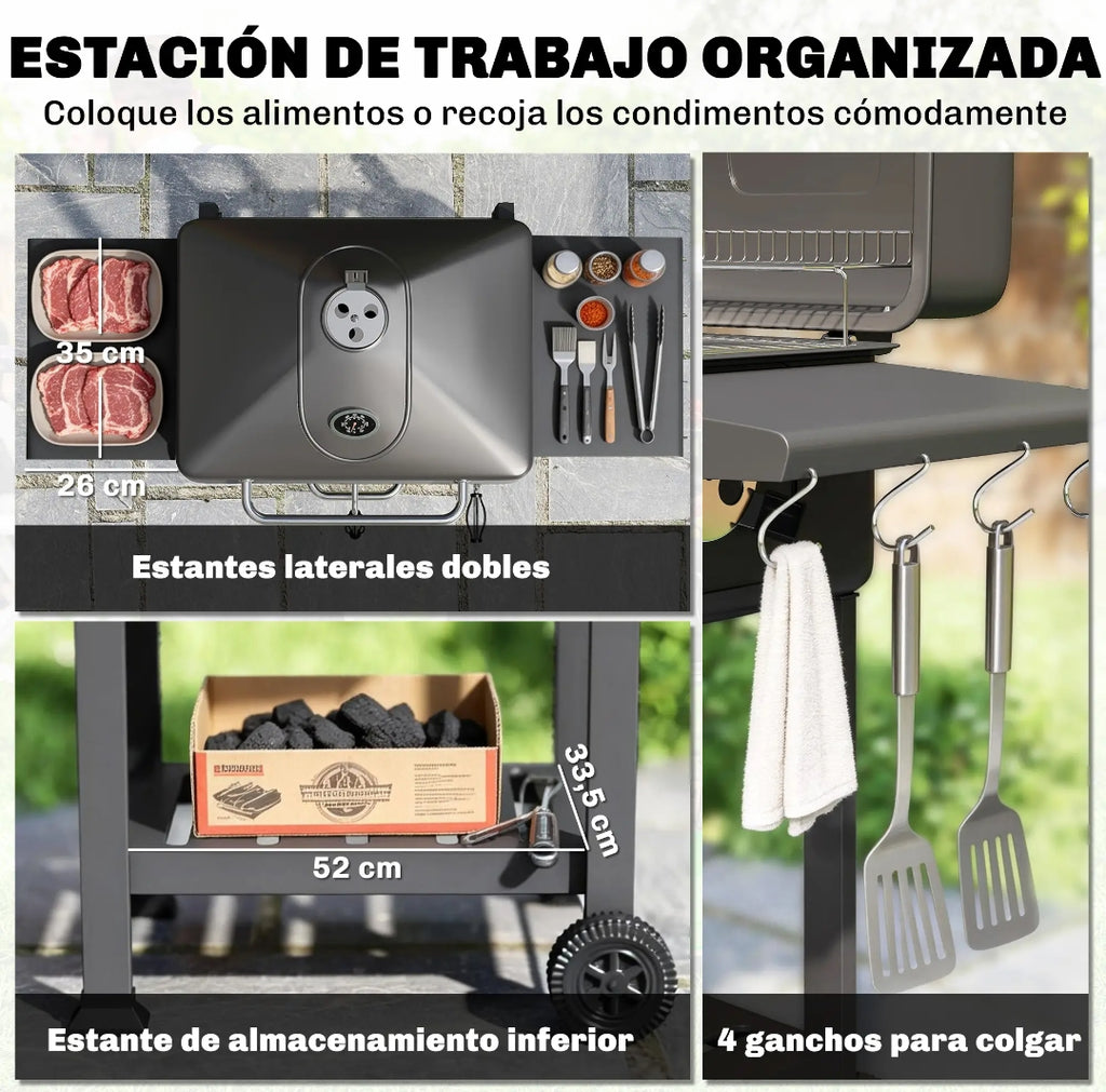 Barbacoa de Carbón con Tapa y Termómetro | Parrilla Regulable | MooM Decó