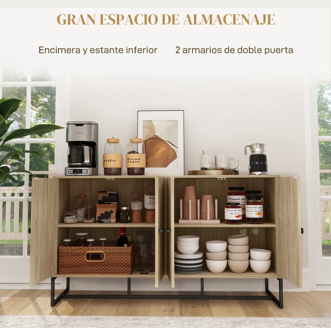 Aparador Chevron Roble con 4 Puertas | Mueble Auxiliar Salón 140,5 cm | MooM Decó