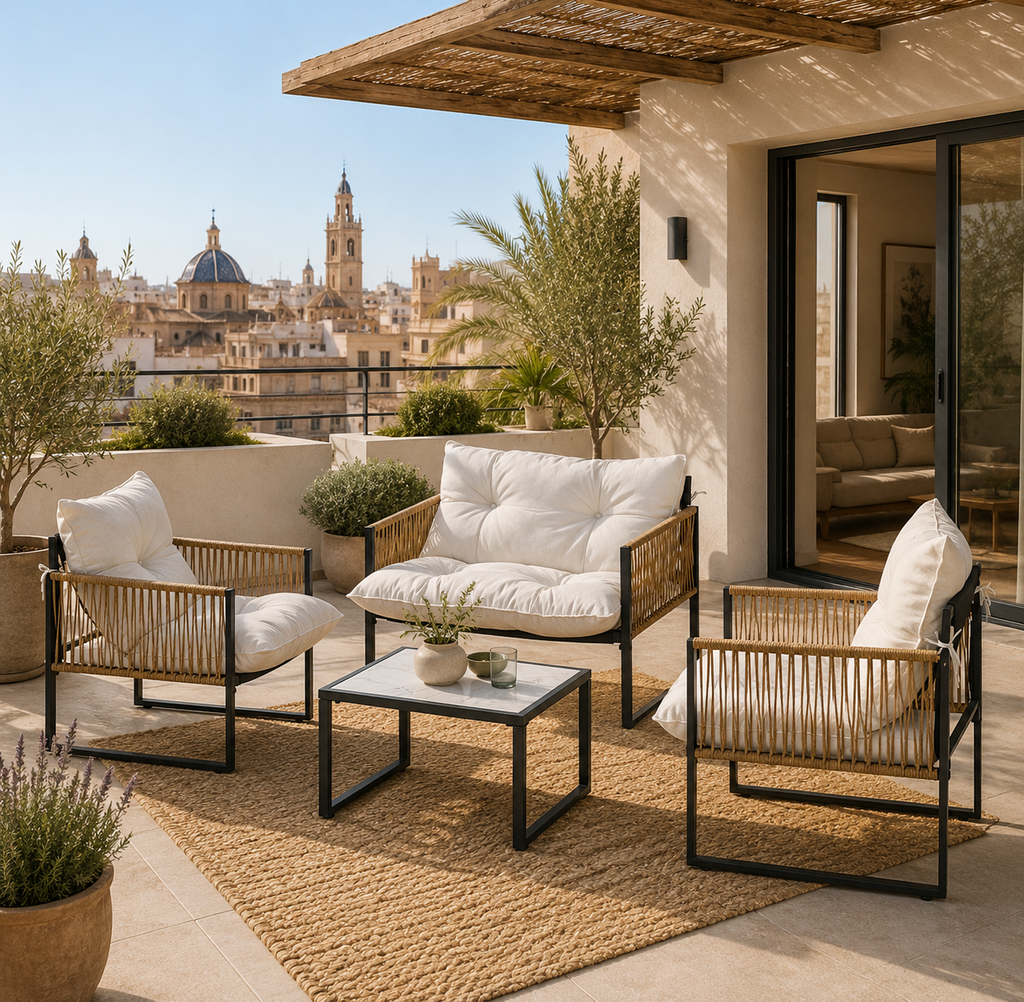 Conjunto de Jardín de Ratán Sintético 4 Piezas con Sofá, 2 Sillones, Mesa de Cristal y Cojines