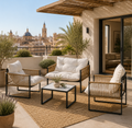 Conjunto de Jardín de Ratán Sintético 4 Piezas con Sofá, 2 Sillones, Mesa de Cristal y Cojines