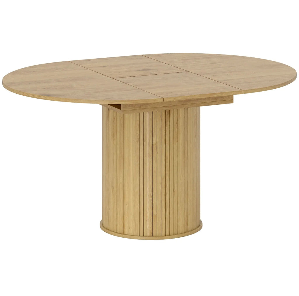 Mesa de Comedor Extensible Redonda a Ovalada para 6-8 Personas con Base Estriada y Acabado Madera Natural
