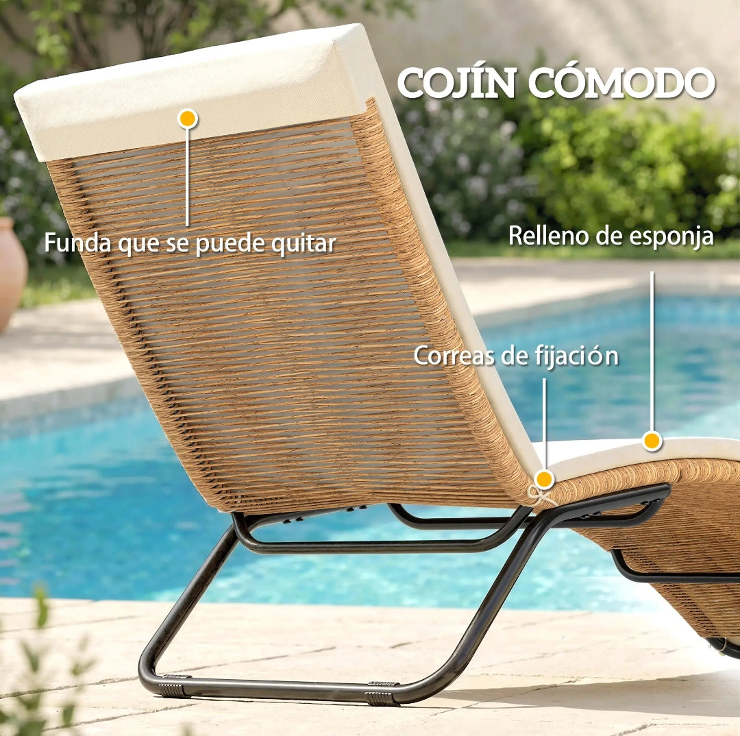 Tumbona de Jardín Ergonómica de Ratán PE con Cojín Largo y Diseño en S para Terraza y Piscina
