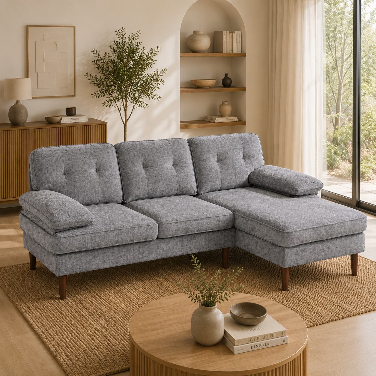 Sofá Esquinero con Chaise Longue Derecha de Chenilla Gris 215 cm | MooM Decó