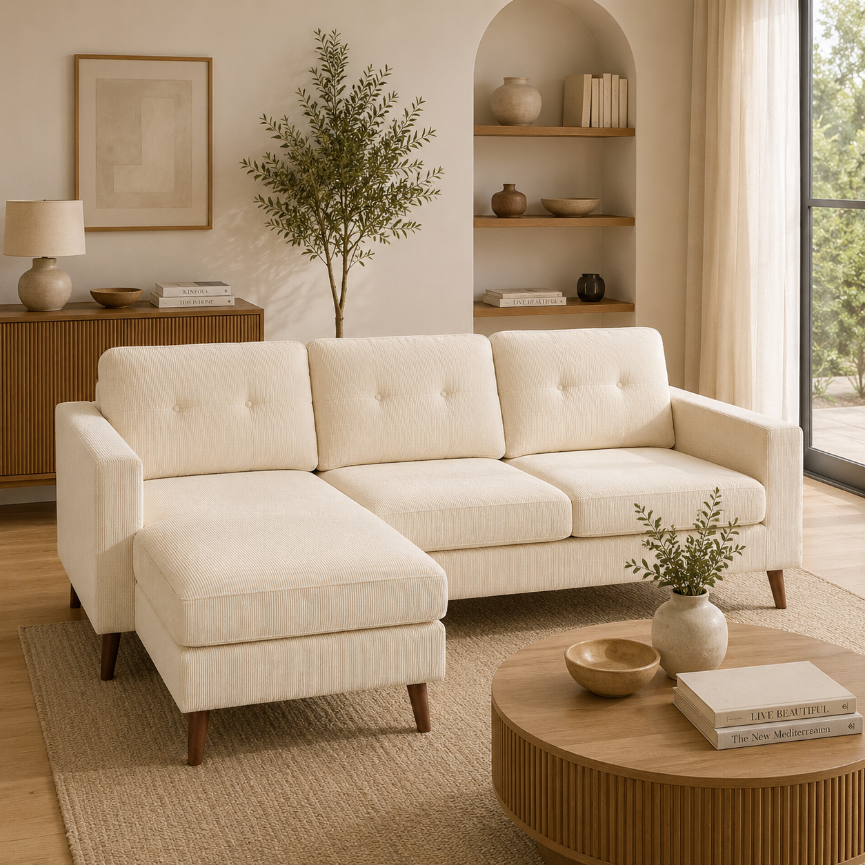Sofá Chaise Longue Reversible de 3 Plazas en Pana Crema 192 cm | MooM Decó