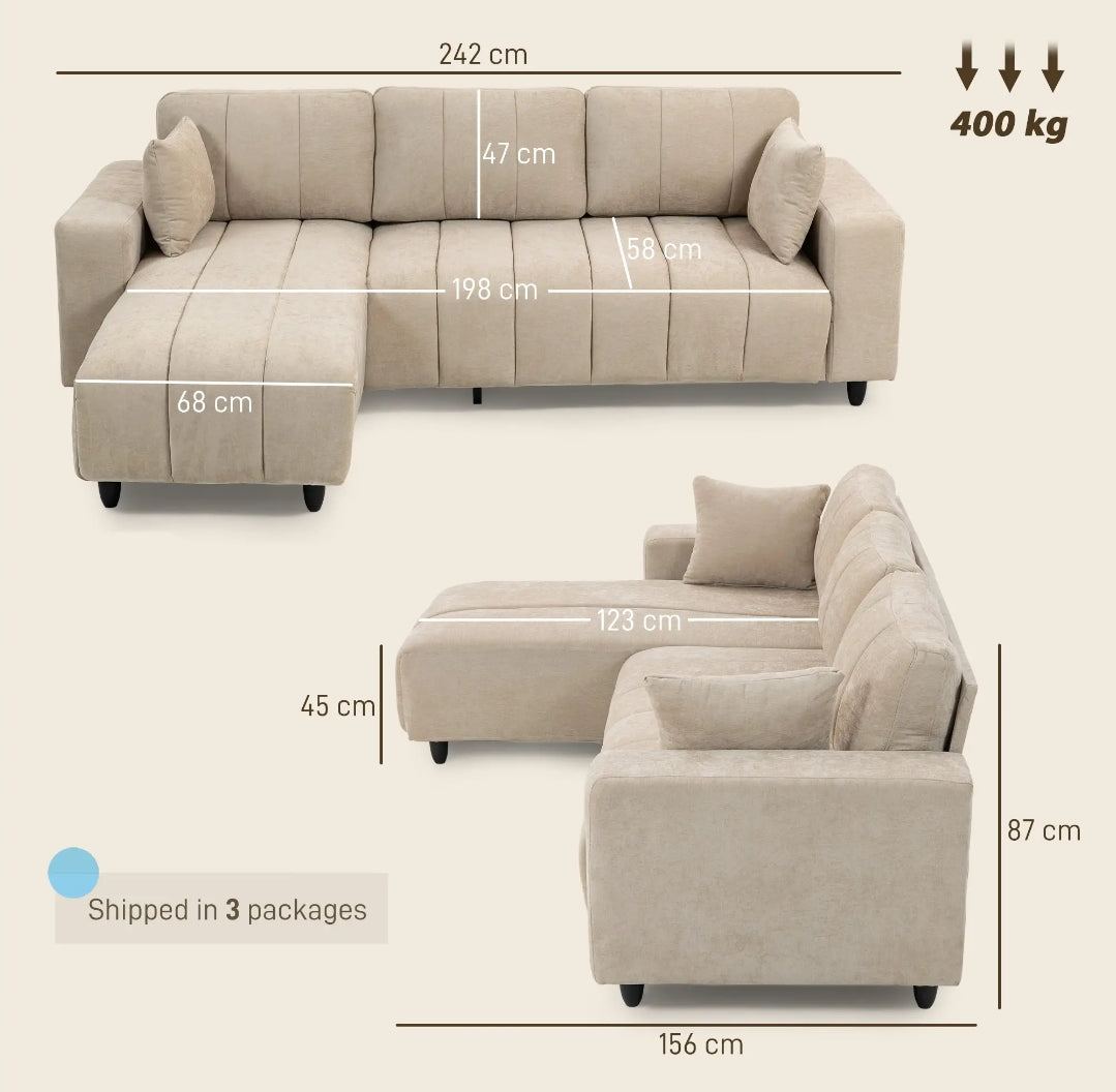 Sofá Chaise Longue Reversible 3 Plazas Beige 242 cm con Muelles Ensacados y 2 Almohadas